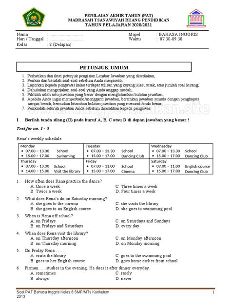 Soal Pat Kelas 8 Bahasa Inggris Ruangpendidikansite Dikonversi Pdf