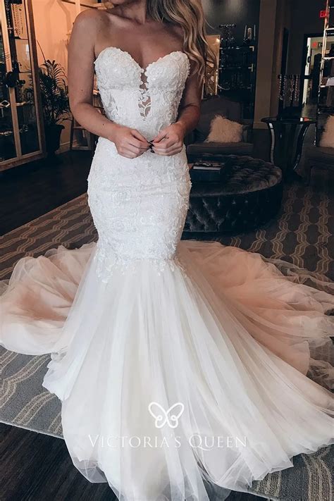 Strapless Sweetheart Lace And Tulle Mermaid Wedding Dress Vq