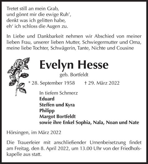 Traueranzeigen Von Evelyn Hesse Geb Bortfeldt Abschied Nehmen De