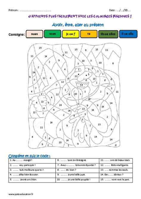 Avoir être aller au présent Ce1 Coloriage magique Pass Education