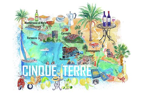 Cinque Terre Italy Illustrated Mediterranean Travel Map with Highlights ...