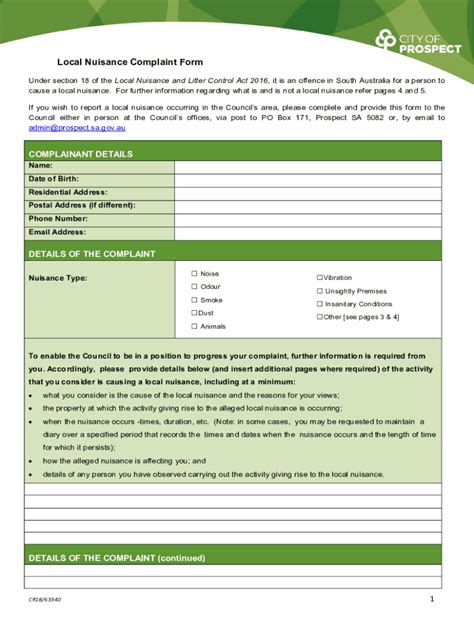 Fillable Online Cr Local Nuisance Complaint Form Template Fax