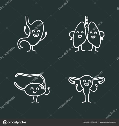 Smiling Human Internal Organs Characters Chalk Icons Set Stock Vector