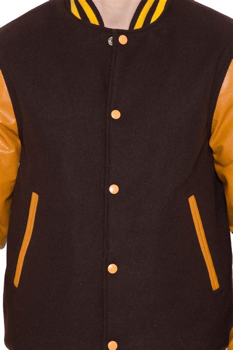 Light Gold Leather Sleeves And Brown Wool Body Varsity Jacket Men Caliber Apparels