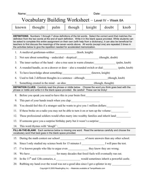 Vocabulary Building Worksheet Level Iv Week 8a