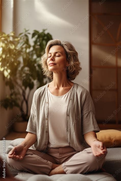 Middle Aged Woman Meditating At Home With Eyes Closed Relaxing Body