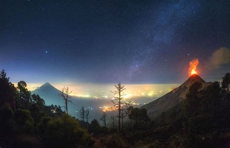 Erupting Volcano Beneath The Milky Way In Guatemala