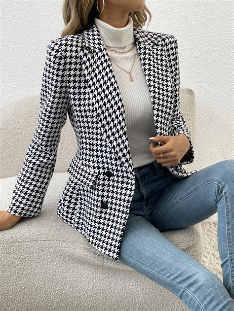 SHEIN Clasi Houndstooth Double Breasted Overcoat SHEIN UK