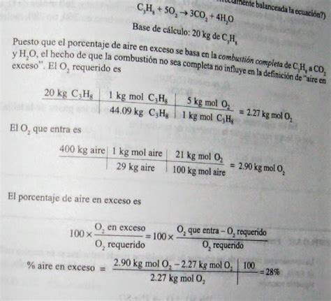 Ejemplo Aire en exceso Cálculos en Ingeniería Química