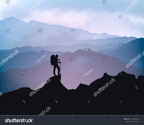 Traveler Engaged Trekking Background Mountains Sunrise Stock