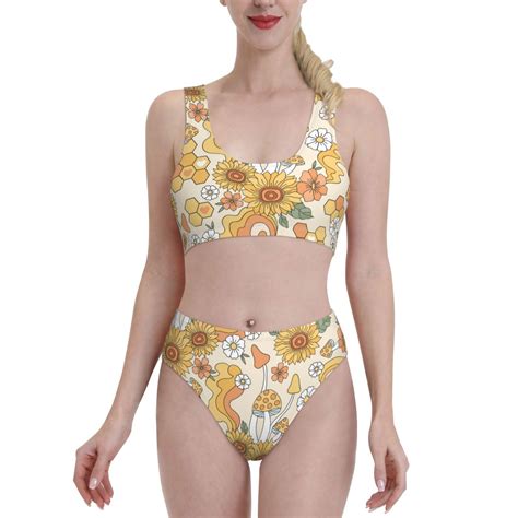 Adobk Groovy Hippie Flower Mushrooms Print Women High Waisted Bikini