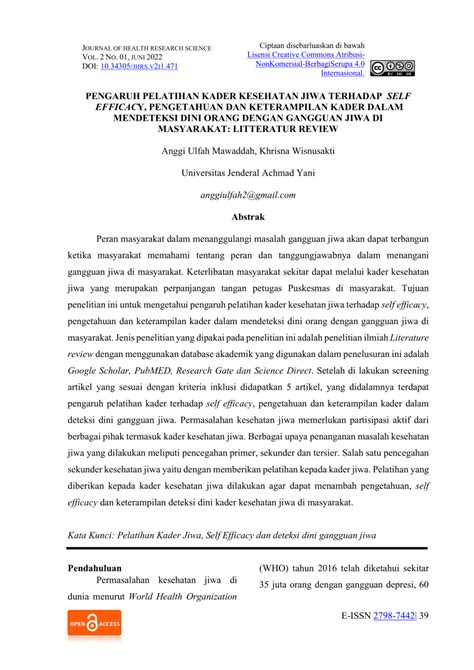 Pdf Pengaruh Pelatihan Kader Kesehatan Jiwa Terhadap Self Efficacy