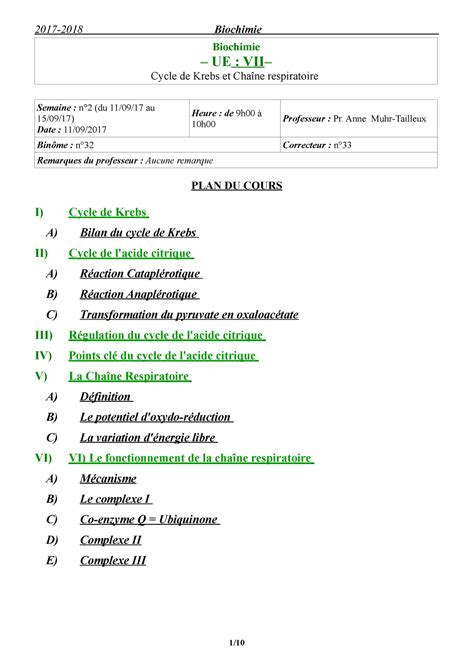 Cycle De Krebs Et Chaîne Respiratoire Mitochondriale 2017 2018