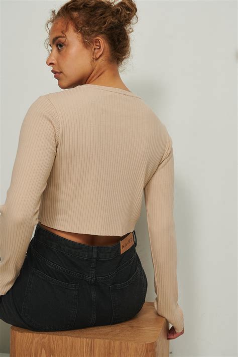 Ribbed Oversized Long Sleeved Crop Top Beige Na