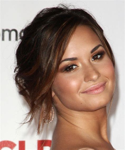 Demi Lovato Long Curly Casual Updo Hairstyle with Side Swept Bangs ...