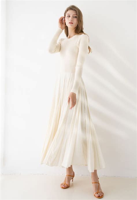 Knit Spliced Long Sleeves Maxi Dress In Cream Retro Indie And Unique Fashion