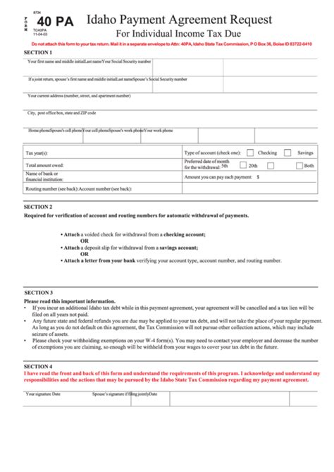 Fillable Form Pa Idaho Payment Agreement Request For Individual