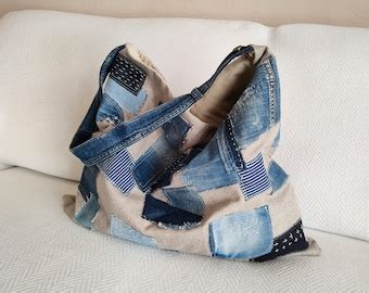 Upcycled Denim Patchwork Bag Sashiko Embroidery Bag Boro Denim Bag