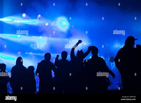 Cheering Crowd In Front Of Bright Colorful Stage Lights Stock Photo Alamy