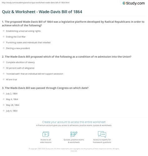 Quiz & Worksheet - Wade-Davis Bill of 1864 | Study.com