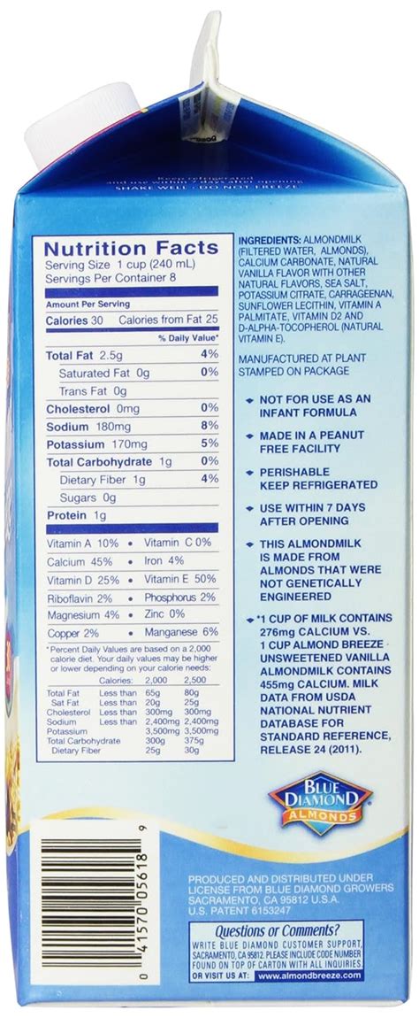 Blue Diamond Unsweetened Vanilla Almond Milk Nutrition Facts Besto Blog