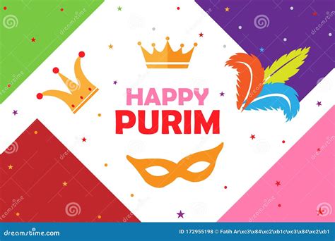 Happy Purim Holiday Greeting Card With Traditional Purim Symbols