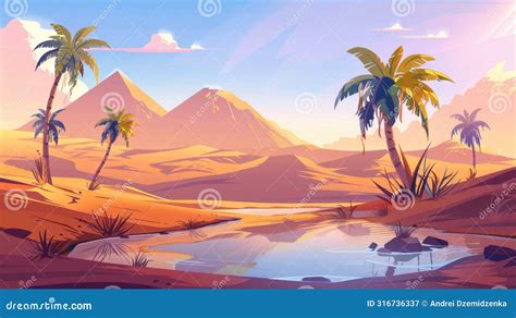 An Oasis In The Desert With Ponds Palm Trees And Clouds Cartoon