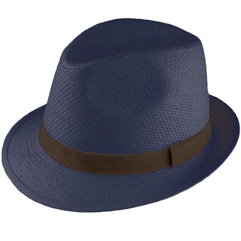 Failsworth Mens Retro 70s Summer Straw Trilby Hat Navy