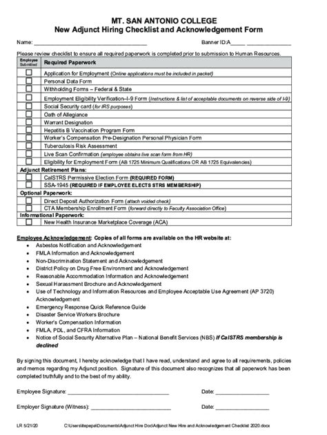 Fillable Online Adjunct Hiring Checklist And Approval Form Fax Email