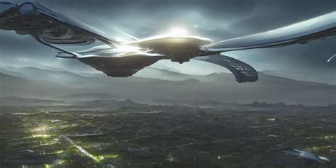 Solarpunk Spaceship Hovering Over Fields And Small Stable Diffusion