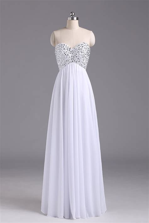 White Long Chiffon Prom Dresses Crystals Party Dresses Sweetheart