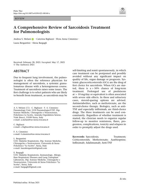 Pdf A Comprehensive Review Of Sarcoidosis Treatment For Pulmonologists