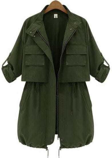 Army Green Long Sleeve Drawstring Pockets Trench Coat Shein Sheinside