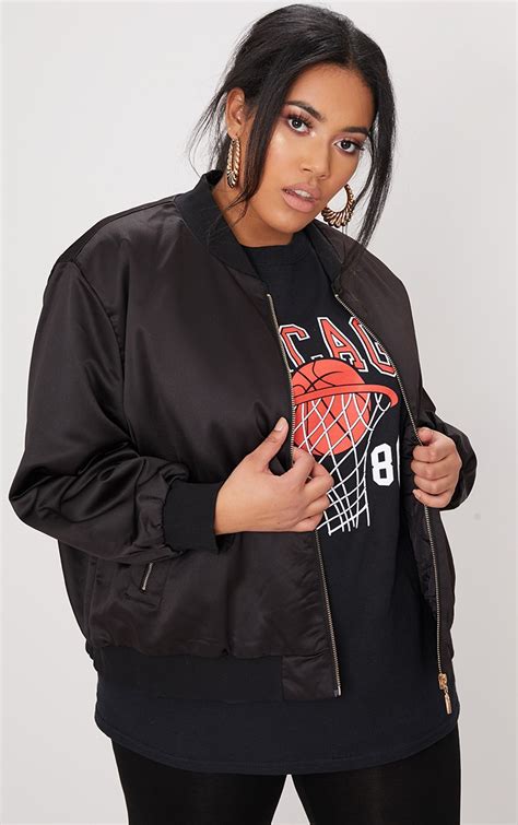 Plus Black Satin Bomber Jacket Plus Size Prettylittlething Usa