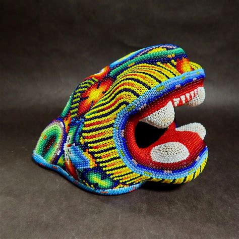 Huichol Beaded Jaguar Head Signed Mexican Folk Art Handmade Large