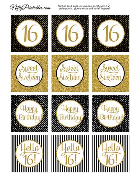 Printable Sweet 16 Birthday Cupcake Toppers - Black Gold