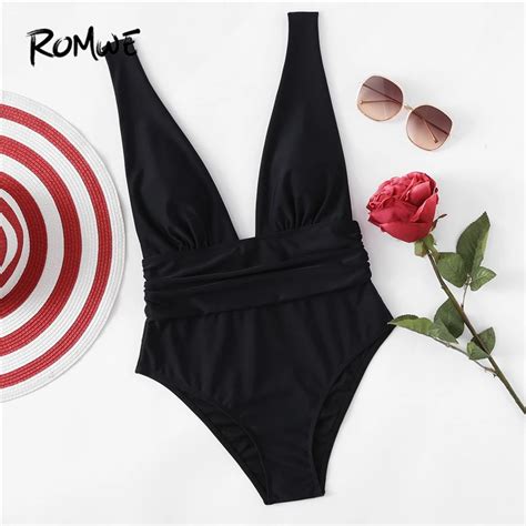 Romwe Sport Plunge Neckline Swimsuit 2018 Summer Beach V Neck Monokinis