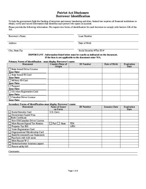 Fillable Online Patriot Act Disclosure Borrower Identification Fax