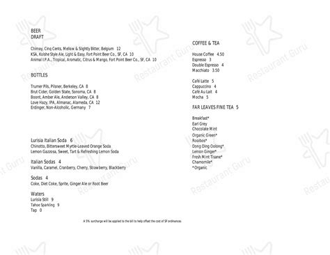 Menu at Terzo restaurant, San Francisco