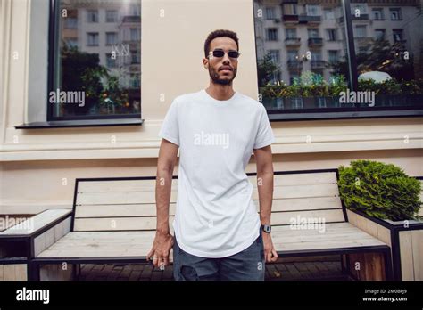 Stylish African American Man In White Blank T Shirt And Sunglasses