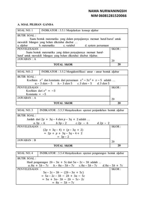 Instrumen Tes Ulangan Harian Mengenal Bentuk Aljabar Kisi Dan Kartu