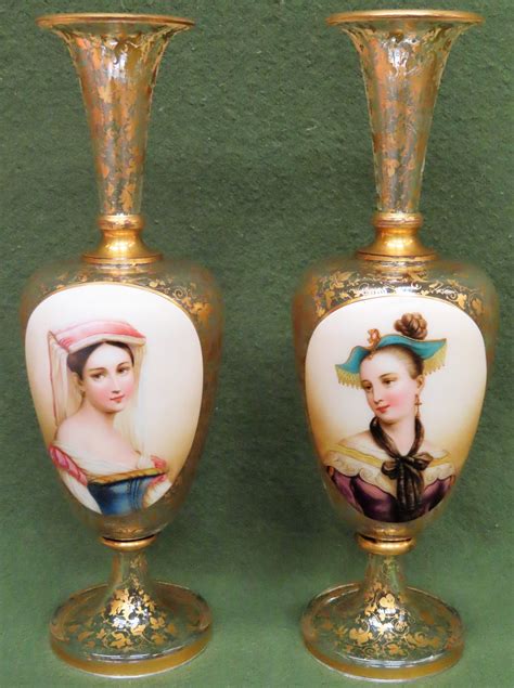 Pair Of Th Century Bohemia Style Heavily Gilded Stemmed Glass Vases