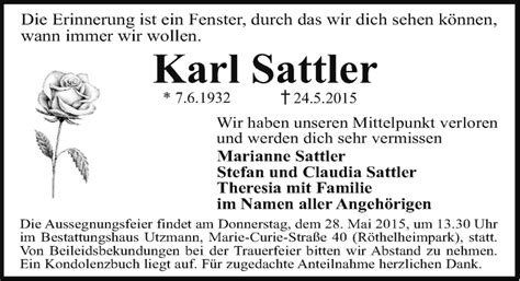 Traueranzeigen Von Karl Sattler Trauer Nn De