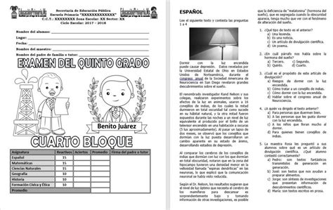 Examen Del Quinto Grado Del Cuarto Bloque Del Ciclo Escolar 2017 2018