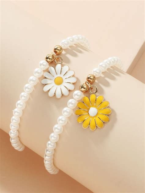 Pcs Flower Charm Faux Pearl Beaded Bracelet Beaded Jewelry Designs