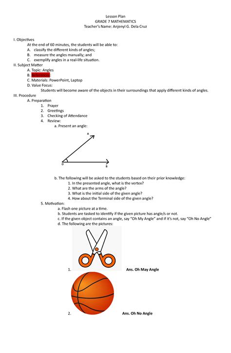 Kinds Of Angles Lesson Plan Grade 7 Mathematics Teachers Name Anjenyl G Dela Cruz I