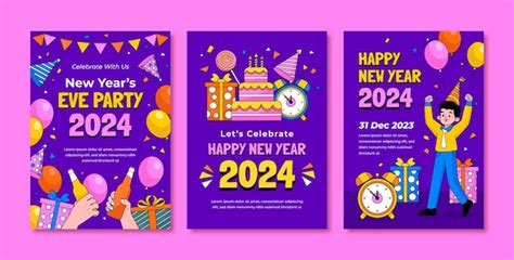 2024 年の新年のお祝いのための手描きのグリーティング カード コレクション 無料のベクター