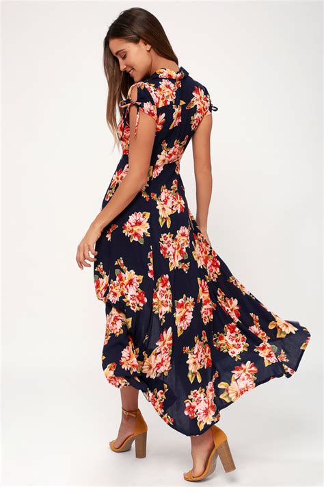 Boho Dress Midi Dress Navy Blue Floral Print Dress Lulus