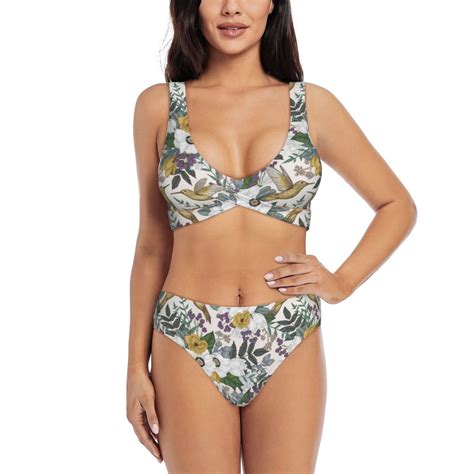 Bathing Suit For Women Vintage Hummingbird Flower High Waisted Bikini