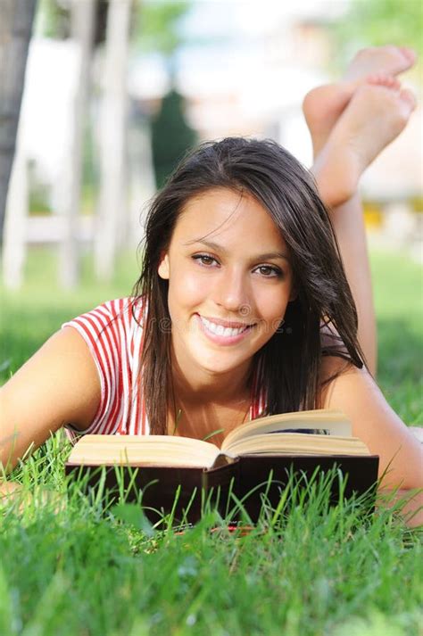 Young Woman In Green Park Book And Reading Stock Image Image Of